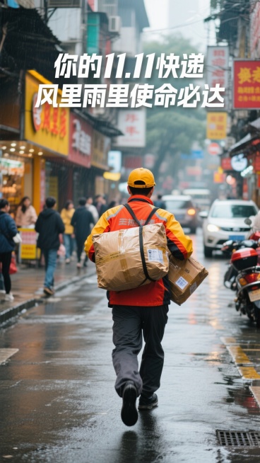 展现快递员在街道上奔波派送包裹的背影，画面上方标题 “你的11.11快递 风里雨里使命必达” ，风格活力动感，色调鲜艳活泼预览效果