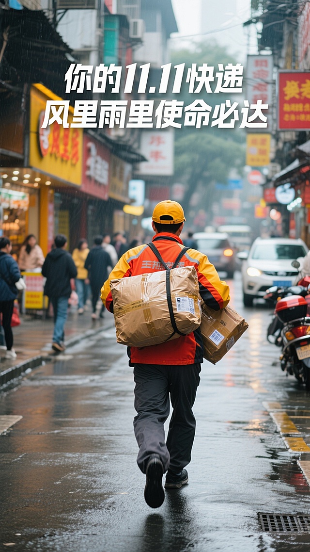 实景感街景中，雨中快递员背影传递励志与使命必达的商务情怀，光影朦胧间凸显双十一大字风促销信息，印刷质感强化视觉冲击。