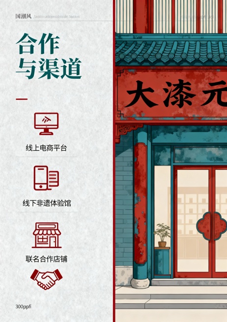 核心风格要求（所有页面通用前缀）：国潮风，融合大漆非遗技艺元素（漆色、漆纹、漆工艺细节），现代简约审美，色彩以大漆经典色（朱红、乌黑、明黄、石青）为主，搭配低饱和辅助色，画面细腻有质感，版式干净留白合预览效果