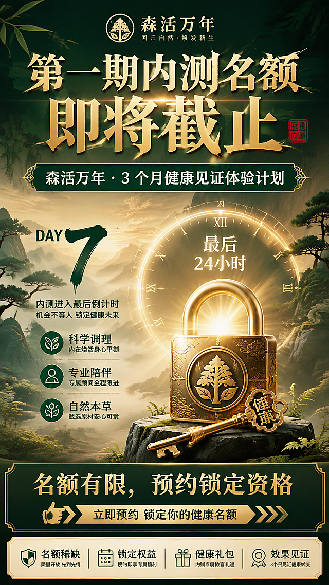 森活万年Day7限量锁单收官主海报，新中式健康养生风格，深绿+金+米白配色，紧迫感+仪式感。顶部大字标题"第一期内测名额即将截止"，金色醒目字体，有紧迫感。中间"森活万年・3 个月健康见证体验计划"白色副标题。底部"名额有限，预约锁定资格"金色引导语，配箭头/手指图标。背景有金色倒计时光芒、锁/钥匙元素、森林远山剪影，营造稀缺感和收官氛围。版式精美，视觉冲击力强。画面中所有信息区域必须填充完整合理的内容。无二维码。