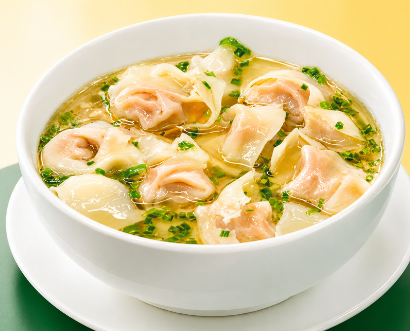 鸡安老母鸡汤馄饨，优化产品图，保留馄饨和鸡汤内容，优化整体质感预览效果