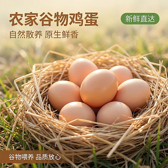 [垫图] https://gdesign-dam-hz.dancf.com/35978154840279147/bf058c2f91104e1ca7b4922637f5cc35.png
[主图主题] 农家谷物鸡蛋首图场景展示
[氛围/风格] 田园整洁自然风，自然新鲜，农家原生氛围
[画面元素] 几颗新鲜的浅棕色鸡蛋放置在干枯稻草编织的鸡窝中，背景是自然的户外田园草地，阳光柔和地洒在鸡蛋表面，呈现自然通透的光泽，整体干净整洁，鸡蛋主体居中，占据画面核心位置，背景自然朦胧，突出鸡蛋新鲜品质。
[配色色系] 主色调：稻草浅棕、鸡蛋暖肉色；辅助色：草地浅绿、自然暖黄
[视角构图] 俯视平铺视角，主体占比约60%，景深适中，背景干净不抢主体
[文字版式] 左上角主标题 “农家谷物鸡蛋”，副标题 “自然散养 原生鲜香”，右上角绿色圆角标签 “新鲜直达”，底部左侧文字 “谷物喂养 品质放心”，字体采用干净无衬线体，颜色取自鸡蛋和草地，文字均悬浮于背景留白处，不遮挡鸡蛋主体，保持画面通透。
[比例分辨率] 2k 分辨率