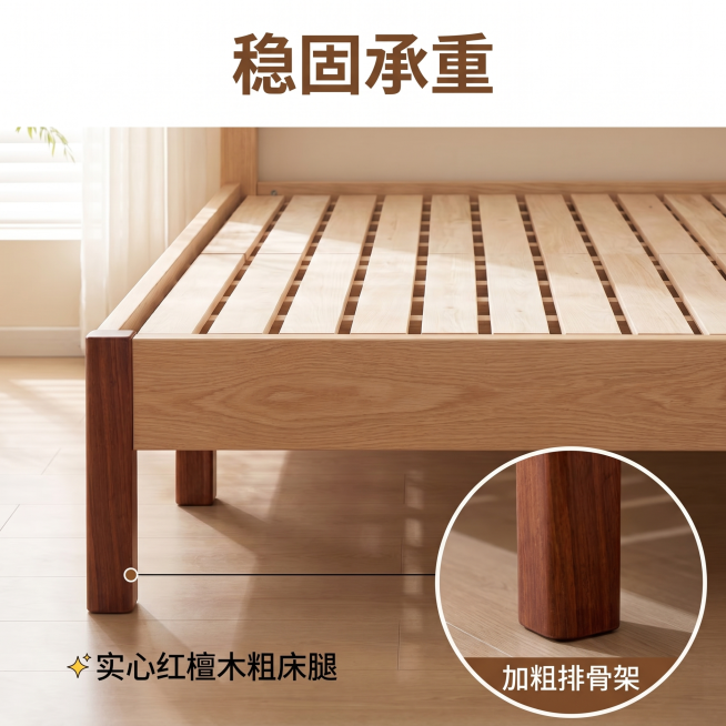 [主图 2] 儿童实木床结构稳定性展示。[氛围风格] 原木北欧风温馨童趣儿童房，自然真实场景。[画质] 商业摄影质感、光线柔和通透、产品清晰真实、画面干净高级。[元素] 展示儿童床的四根支撑床脚，保持预览效果