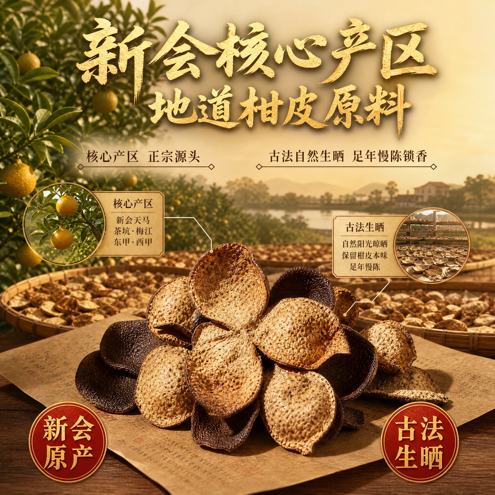 [主图-2] 新会陈皮产地溯源与工艺图，突出新会核心产区与古法… - 图片创意预览