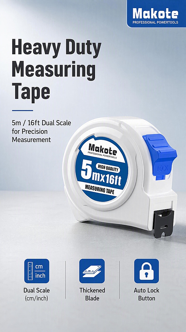[第1张] 亚马逊跨境详情页头图 - Makote 5m/16ft Dual-Scale Measuring Tape 专业卷尺主视觉。本张使用【图1】作为商品主体，保持产品外观、颜色、结构与原图完全一致。
[氛围/风格] 极简工业风，专业工具质感，客观真实，商业摄影级高清。
[元素布局] 卷尺主体置于画面中央偏右，占比约60%，45度斜侧视角展示全貌；左侧留出标题文案区；底部为浅灰色工作台面；背景为浅灰蓝渐变，简洁干净；产品保留白色外壳、蓝色锁扣按钮、正面蓝色圆形标签'Makote 5mx16ft'字样，尺钩黑色金属质感。
[光影质感] 左上方主光源柔光照明，右侧辅光补光，底部自然投影，金属尺钩高光清晰，外壳哑光质感真实。
[配色色系] 全局底色 #E8EDF2 浅灰蓝渐变；主色白色+蓝色；辅助色深灰文字、黑色尺钩。
[视角构图] 微仰视45度斜侧视角，产品为视觉中心，阅读动线左上标题→中部产品→底部信息条。
[文字版式] 全部英文文案。左上主标题"Heavy Duty Measuring Tape"，副标题"5m / 16ft Dual Scale for Precision Measurement"，加粗无衬线字体左对齐；底部横排三个卖点标签："Dual Scale (cm/inch)"、"Thickened Blade"、"Auto Lock Button"；右上角品牌角标"Makote Professional Powertools"；文字不遮挡产品主体。
[比例分辨率] 9:16 竖版比例，4K分辨率，文字清晰可辨，高清画质。
[负向提示词] 产品变形，颜色偏差，缺件错件，中文文字，水印，文字错乱，文字过小，背景杂乱，结构错误。