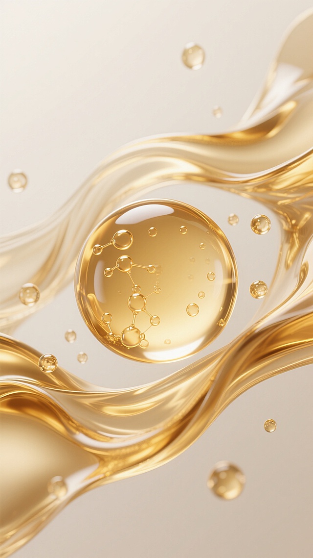 超写实3D渲染，金色与透明渐变精华液流体，主体为半透明大油滴包裹小分子结构和气泡，周围环绕金色波浪状液体与悬浮小油珠，柔和散射光从上方照射，高光清晰锐利，阴影细腻自然，背景为纯净米白色渐变，整体营造奢华、水润、科技感的氛围，展现精华液不同形态的流动纹路与分子结构细节，画面层次分明，质感通透，光线折射效果逼真。