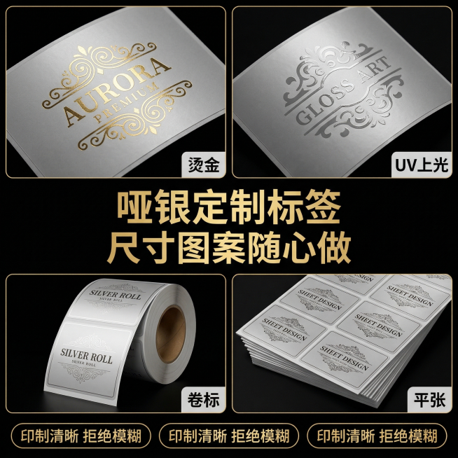 [主图主题] 哑银定制标签主图
[氛围/风格] 电商高品质实拍风格，暗黑高级质感
[画面元素] 沿用参考图四宫格展示不同工艺的版式，上方两宫格分别展示烫金和uv上光工艺，下方两宫格展示卷标和平张，不干预览效果