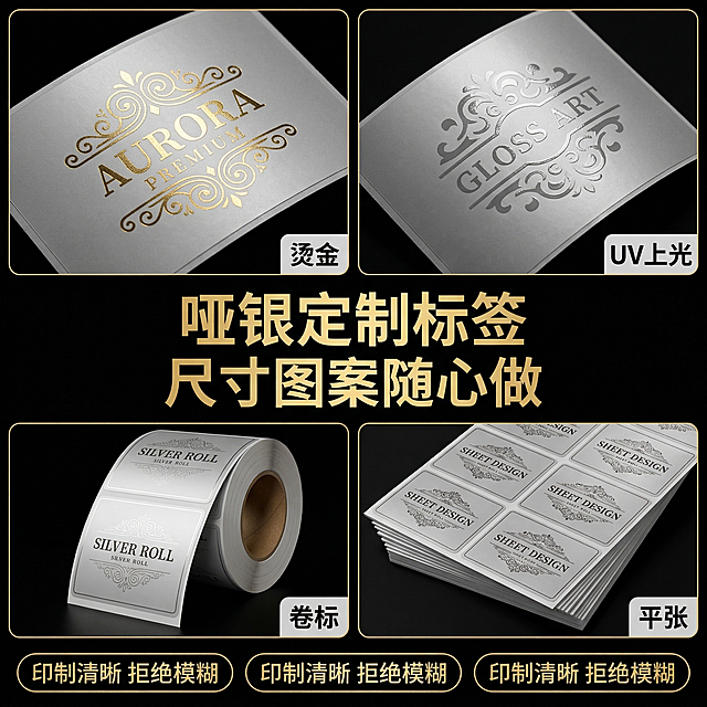 [主图主题] 哑银定制标签主图
[氛围/风格] 电商高品质实拍风格，暗黑高级质感
[画面元素] 沿用参考图四宫格展示不同工艺的版式，上方两宫格分别展示烫金和uv上光工艺，下方两宫格展示卷标和平张，不干胶设计内容与参考图不同，保持四宫格构图结构和参考图一致，背景黑色突出不同工艺效果
[配色色系] 主色调黑色背景，主标题金色文字，烫金效果真实高级，对比鲜明
[文字版式] 画面中心金色大字 "哑银定制标签 尺寸图案随心做"，每个宫格右下角白色块黑色字标注工艺名称，三个椭圆形卖点框标注 "印制清晰 拒绝模糊"，字体大小对比清晰，排版整齐，不遮挡产品工艺细节展示
