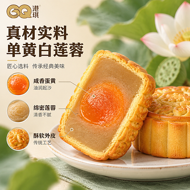 [主图-3] 产品细节与品质图，聚焦单黄白莲蓉月饼的内馅细节，突出真材实料、口感细腻。
[统一基调] 拼多多食品主图，1:1方形，整体清新雅致风格，背景以浅米色、淡青绿、柔白色为主，避免大红大黄；字体用清爽黑体，主标题深棕褐色，辅助文案浅灰褐，强调色用淡金；排版整齐有序，不做大字报，信息分层清晰；左上角放港琪品牌Logo。
[画面] 画面主体是切开的单黄白莲蓉月饼特写，占画面约60%，居中偏右；月饼切面清晰展示完整的橙红油润咸蛋黄，周围是细腻绵密的白莲蓉，层次分明，表面有自然油光；旁边放半块完整月饼展示外皮花纹；背景是浅米色渐变，点缀几片新鲜莲叶、一朵小莲花，呼应莲蓉主题；下方有精致的白瓷盘承托。
[光影质感] 微距美食摄影质感，自然暖光侧打，蛋黄油润通透，莲蓉细腻有质感，月饼外皮花纹清晰，整体食欲感强。
[配色] 背景浅米白+淡莲青色，主标题深棕褐色，辅助文案灰褐色，强调字淡金色；整体色调清新淡雅。
[文字版式] 左侧竖排区域，主标题"真材实料 单黄白莲蓉"，下方用引线标注三个细节点："咸香蛋黄 油润起沙""绵密莲蓉 清香不腻""酥软外皮 传统工艺"；文字排版整齐，引线清晰指向对应部位，不杂乱。
[输出要求] 1:1正方形，2048x2048，文字清晰可读，产品细节清晰，无变形无错字；禁止出现拼多多平台Logo、水印、二维码、绝对化用语；禁止杂乱大字报、大红大黄背景。