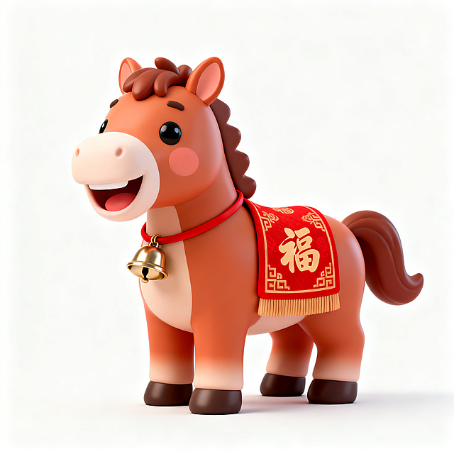 软3D风格的拟人化小马，卡通可爱，身披红色“福”字披风，铃铛点缀，喜庆十足，充满节日氛围。