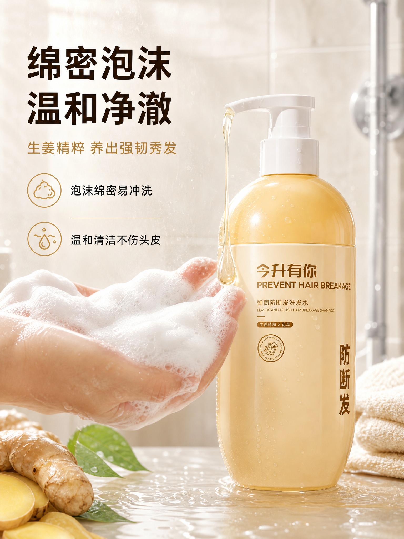 [主图-4] 使用场景与质地展示，呈现浴室洗发场景和绵密泡沫质… - 图片创意预览