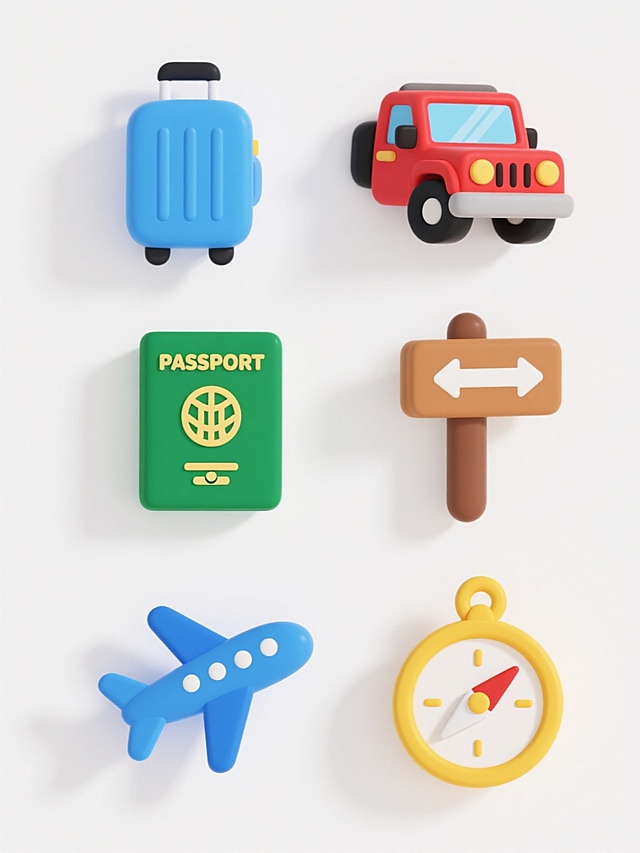 一套6个完全不同的旅行元素图标，保持原图标可爱的卡通风格，简洁的线条，鲜明的色彩，白色背景，每个图标都有轻微的阴影效果，图标内容分别是：1. 蓝色的行李箱，2. 红色的越野车，3. 绿色的护照，4. 棕色的路标，5. 蓝色的飞机，6. 黄色的指南针，图标规整排布，没有文字和二维码。