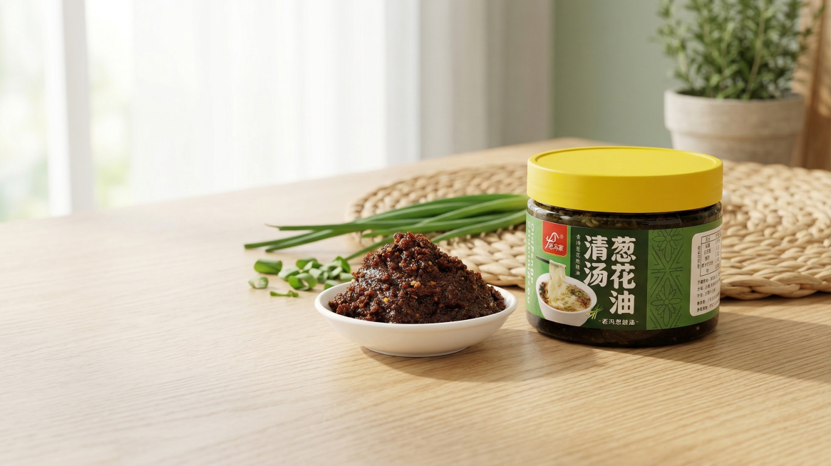 一张氛围感电商产品场景图，主体是"老冯家"品牌的清汤葱花油，产品放在温润的浅原木色桌面上，罐子保持原有物理结构不变，保持罐身标签文字和Logo原样不变，罐子旁边摆放着一个装着葱油酱料的白色小碗，透出浓预览效果