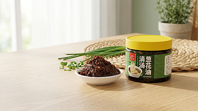 一张氛围感电商产品场景图，主体是"老冯家"品牌的清汤葱花油，产品放在温润的浅原木色桌面上，罐子保持原有物理结构不变，保持罐身标签文字和Logo原样不变，罐子旁边摆放着一个装着葱油酱料的白色小碗，透出浓郁食欲感。整体为北欧自然风，通透柔和的自然光从窗户射入，光影干净，低饱和度鼠尾草绿搭配浅木色，藤编餐垫做背景，点缀新鲜葱段，画面有前中后景层次，使用三分法构图，保留30%画面留白，商业高调摄影，柔和漫射光，充满治愈氛围感，突出产品食欲感和新鲜纹理。负向提示词：瓶身扭曲、Logo变形、内部液化、干瘪、西方面孔、金发、深眼窝、雀斑、杂乱房间、死黑阴影、硬光、乡村风、高对比度、多余的盖子、缺失的部件、悬浮的物体、变形的手柄、摄影灯、柔光箱、三脚架、水印、文字、昏暗光线、畸变透视、比例失调