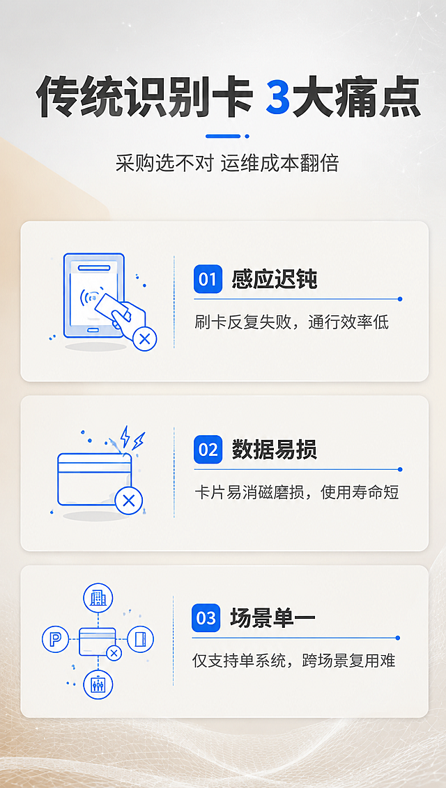 [商品] 本页为痛点页，不使用产品实物图。
[画面] 目标：直击B端采购与使用传统识别卡的核心痛点。构图：上下结构，顶部大标题+痛点引言，中部3个痛点场景卡片纵向排列，每卡配简约线稿图标和痛点描述。景别：信息页，无实物主体。背景：浅灰底+淡米卡其色块分区，营造理性专业氛围。阅读动线：顶部标题→自上而下3个痛点卡片。
[视觉] 套系策略：风格=1688 B端科技商务商业摄影；标题字=思源黑体粗体；正文字=思源黑体常规；主色=浅米卡其+科技蓝；背景延展=浅灰到米白渐变底+细腻科技网格/粒子，同色系深浅层级；强调色=亮科技蓝，仅用于图标、引线和标签高亮；标题色=深炭灰；正文色=中灰；组件=圆角浅灰信息卡、细蓝线引线、胶囊形卖点标签；光影=左前侧柔光+右侧蓝色轮廓感应光。
[文字] 顶部主标题「传统识别卡 3大痛点」，副标题「采购选不对 运维成本翻倍」。3个痛点卡片：1.「感应迟钝」刷卡反复失败，通行效率低；2.「数据易损」卡片易消磁磨损，使用寿命短；3.「场景单一」仅支持单系统，跨场景复用难。所有文字横排，手机端清晰可读。
[规格] 单屏比例9:16竖版，分辨率4K，负向提示：避免产品图出现、文字竖排、文字过小、极限词、二维码、水印。