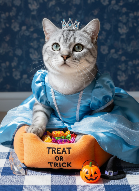 猫咪身着灰姑娘的裙子、头戴皇冠，慵懒窝在印有 “TREAT OR TRICK” 标识的毛绒猫窝里，猫窝里有一些糖果，旁置水晶鞋、南瓜灯、巫师帽等道具，深蓝碎花墙面背景，蓝白配色的格纹地毯预览效果