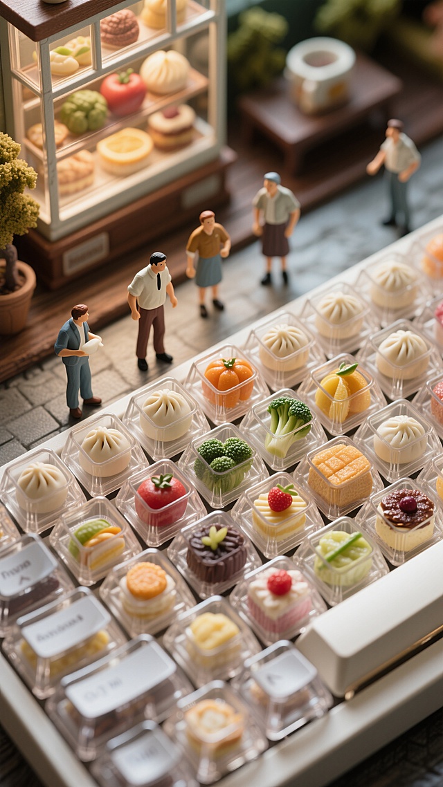 透明机械键盘键帽内嵌微缩食物模型，包子/水果/蔬菜/甜点分层排列，玻璃质感键帽外壳展示食物细节，3D写实渲染，顶视角俯拍，暖色调美食摄影，景深控制，微距镜头，电商主图设计