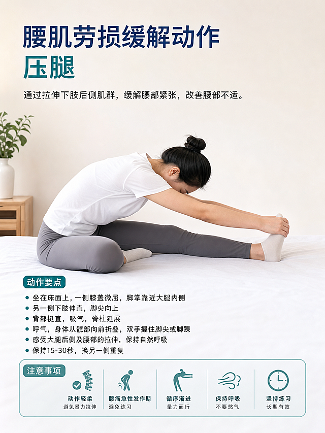 医学插画，真人演示腰肌劳损缓解动作：压腿，坐在床面上，一膝微屈，另一下肢伸直，躯干前倾压向伸直的下肢，干净简洁的背景，专业医疗科普风格