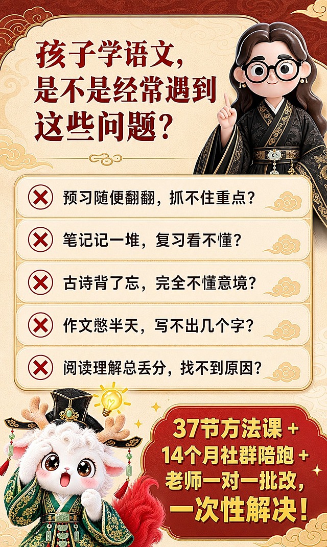 [商品] 教育服务类商品：Wow语文学习方法与读写素养会员；使用【图5】古风戴眼镜女老师卡通形象（保留黑金汉服、龙纹暗纹、玉佩流苏、黑框眼镜、珍珠耳坠等全部造型特征，不改变形象和颜色）和【图3】驺吾IP灵感造型（保留白色绒毛、鹿角、绿金官服、红色大尾巴、头顶灯泡、惊讶表情、金色星星装饰等全部特征，不改变形象和颜色）作为页面视觉主角。
[画面] 页面目标：痛点引入，制造家长共鸣。竖版构图，顶部大标题区，中部5条痛点清单带❌图标，底部醒目颜色过渡语加粗居中。老师形象置于右上，驺吾灵感形象置于左下，两者形成呼应。画面阅读动线从上到下，痛点清单占画面中部60%区域。背景用暖米色+浅红色块分区，顶部深红褐色标题栏，国潮云纹暗纹。
[视觉] 套系策略：风格=国潮卡通可爱风详情页；标题字=国潮粗黑体带衬角；正文字=圆润无衬线体；主色=深墨绿+枣红+米杏色；背景延展=基于米杏色做深浅层级、同色渐变和国潮云纹暗纹质感；强调色=金黄色，仅用于小面积图标、引线、标签和高光；标题色=深枣红/墨绿；正文色=深棕灰；组件=圆角信息卡、国潮云纹装饰、图标化痛点标记；光影=正面柔和暖光，角色带轻微投影。
[文字] 顶部主标题："孩子学语文，是不是经常遇到这些问题？"，字体大，深枣红色，居中。中部5条痛点，每条前带❌红色图标：❌ 预习随便翻翻，抓不住重点？❌ 笔记记一堆，复习看不懂？❌ 古诗背了忘，完全不懂意境？❌ 作文憋半天，写不出几个字？❌ 阅读理解总丢分，找不到原因？底部居中加粗醒目过渡语："37节方法课 + 14个月社群陪跑 + 老师一对一批改，一次性解决！"，金黄色底深红色字或红底金字。所有文字横排，手机端清晰可读。
[规格] 竖版，宽750px，高1250px，分辨率4K，负向提示：避免文字模糊、错字、竖排文字、角色变形、颜色改变、冷蓝色调、二维码、微信联系方式、绝对化用语。