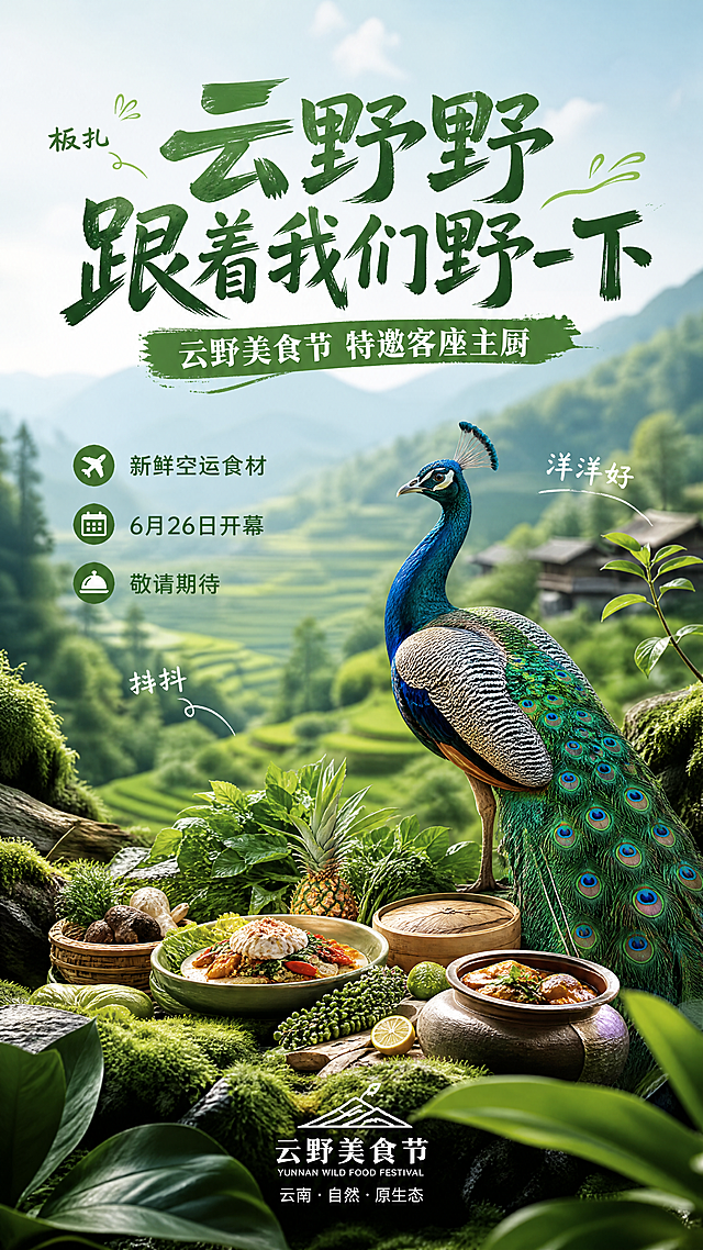 写实商业摄影，云南风情美食节海报，自然原生态氛围。主视觉主标题“云野野 跟着我们野一下”，副标题“云野美食节 特邀客座主厨”，小字装饰文案“板扎”“洋洋好”“抻抖”点缀画面，卖点文字“新鲜空运食材”“6月26日开幕”“敬请期待”分布在留白区域。背景采用云南梯田山林自然景观，前景点缀青苔与绿植，融入蓝绿孔雀元素烘托云南特色，整体色调清新自然绿色系，突出新鲜原生态氛围。版式精美，分区明确，文字清晰可读，四边留安全边距，层次分明，景深自然，4K超高清画质。
