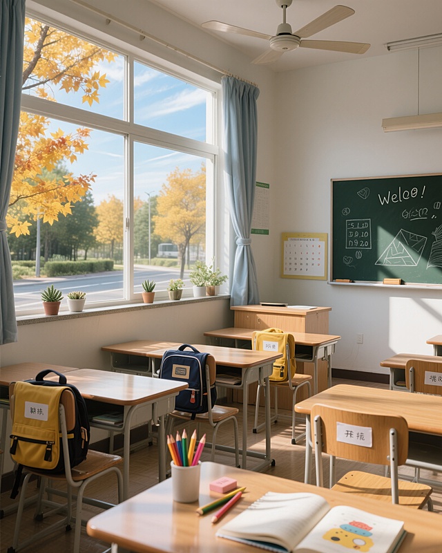 明亮教室里的专属座位
阳光洒进明亮的教室，儿童书包挂在小巧的木椅背上，桌上贴着姓名贴，放着彩色铅笔和卡通笔记本，窗外是金黄的枫树和蓝天，黑板上有手绘欢迎画，安静又充满期待的开学氛围，4:5构图，清新自然光
