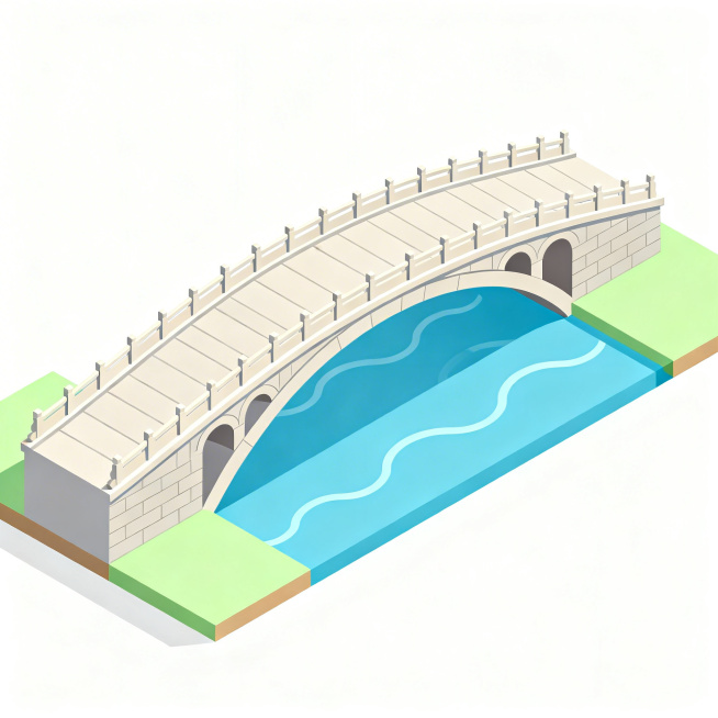 国风2.5D扁平化风格，45度斜视角，低模无复杂光影，纯白色背景，简洁线条，无阴影无渐变，干净清晰，高分辨率赵州桥流水河岸模块，浅蓝水波搭配浅绿水岸，造型简洁规整，适合游戏GridMap模块使用预览效果