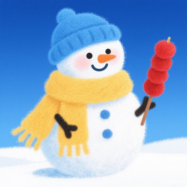 一个萌系雪人形象。它戴着蓝色帽子，系着黄色围巾，面带微笑，手里拿着糖葫芦。蓝色渐变背景。预览效果
