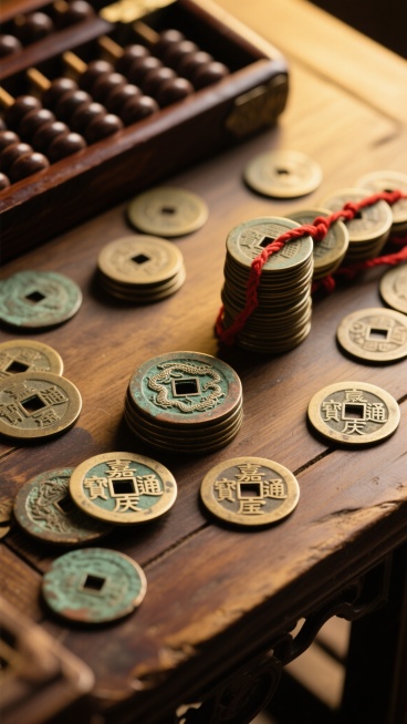 写实风格摄影，古色古香的书房木桌上，散落着多枚带有龙纹和“嘉庆通宝”字样的古铜钱，部分铜钱叠放，边缘有自然磨损痕迹，呈现出古朴的铜绿色泽，一旁整齐堆叠着数十枚用红绳串起的铜钱，左上角放置着一个深棕色的木质算盘局部，整体画面采用暖黄色调，光线从左上方柔和洒下，形成清晰的明暗对比和细腻阴影，营造出沉静、厚重的历史感和文化氛围。预览效果