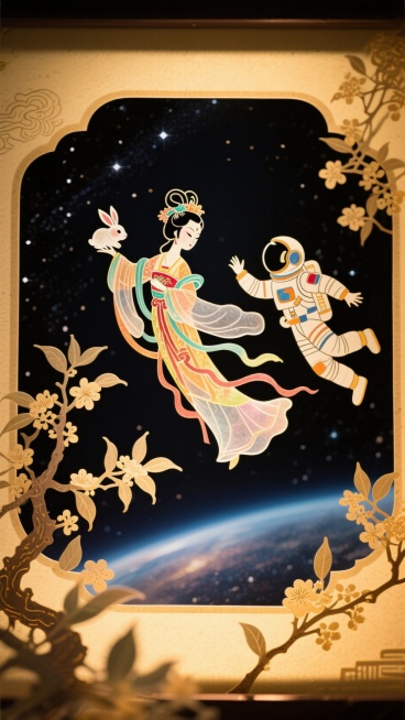 嫦娥怀抱玉兔奔月，悬浮飞翔于夜空，与宇航员交错飞翔，构图新颖，大胆夸张，飘逸，前景有桂花树枝，背景是浩瀚宇宙预览效果