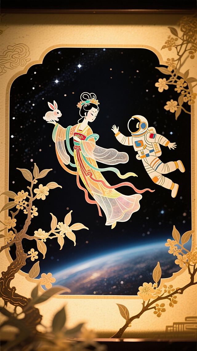 国潮风插画，嫦娥与宇航员共舞于星空，融合中式剪纸与鎏金元素，梦幻浪漫，科技与传统交织，中秋佳节的未来诗意。
