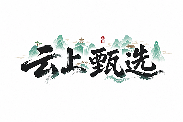 国潮山水风格，书法毛笔字体"云上甄选"，结合淡绿色山水意境插画，点缀中式印章，水墨国风，和参考图片排版风格一致