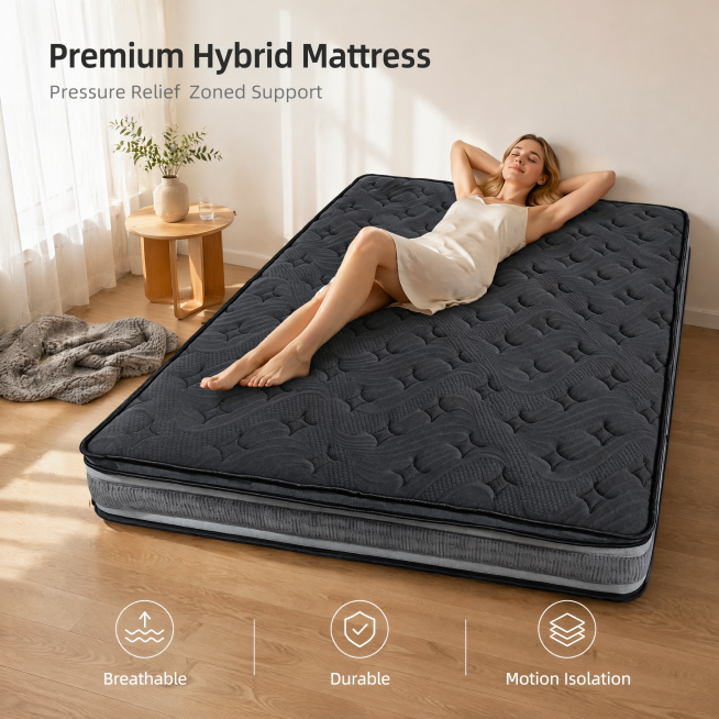 [Main image - 1] Black charcoal gray mattress full scene display.
[Atmosphere style] Warm modern sim预览效果