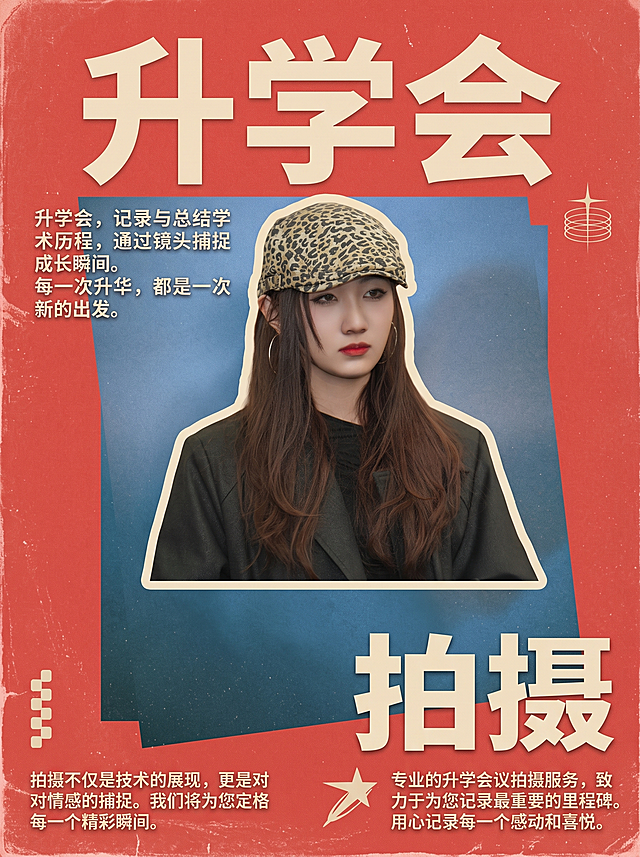 参考第一张图片的排版拼贴风格，将第二张图片中的中心人物作为描边主体拼贴进去，背景改为红色，上方大字标题改为“升学会”，下方大字标题改为“拍摄”，去除所有多余英文文字，保留参考图的复古拼贴设计风格和装饰元素。
