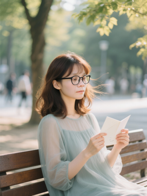 场景创意：城市公园长椅 · 午后读信时的微表情变化
镜头从一张被风轻轻掀起的信纸一角开始，纸页泛黄，边缘略卷。阳光穿过梧桐叶隙，在纸面投下晃动的光斑。远处有孩童奔跑的模糊身影和隐约笑声。画面迅速收束，预览效果