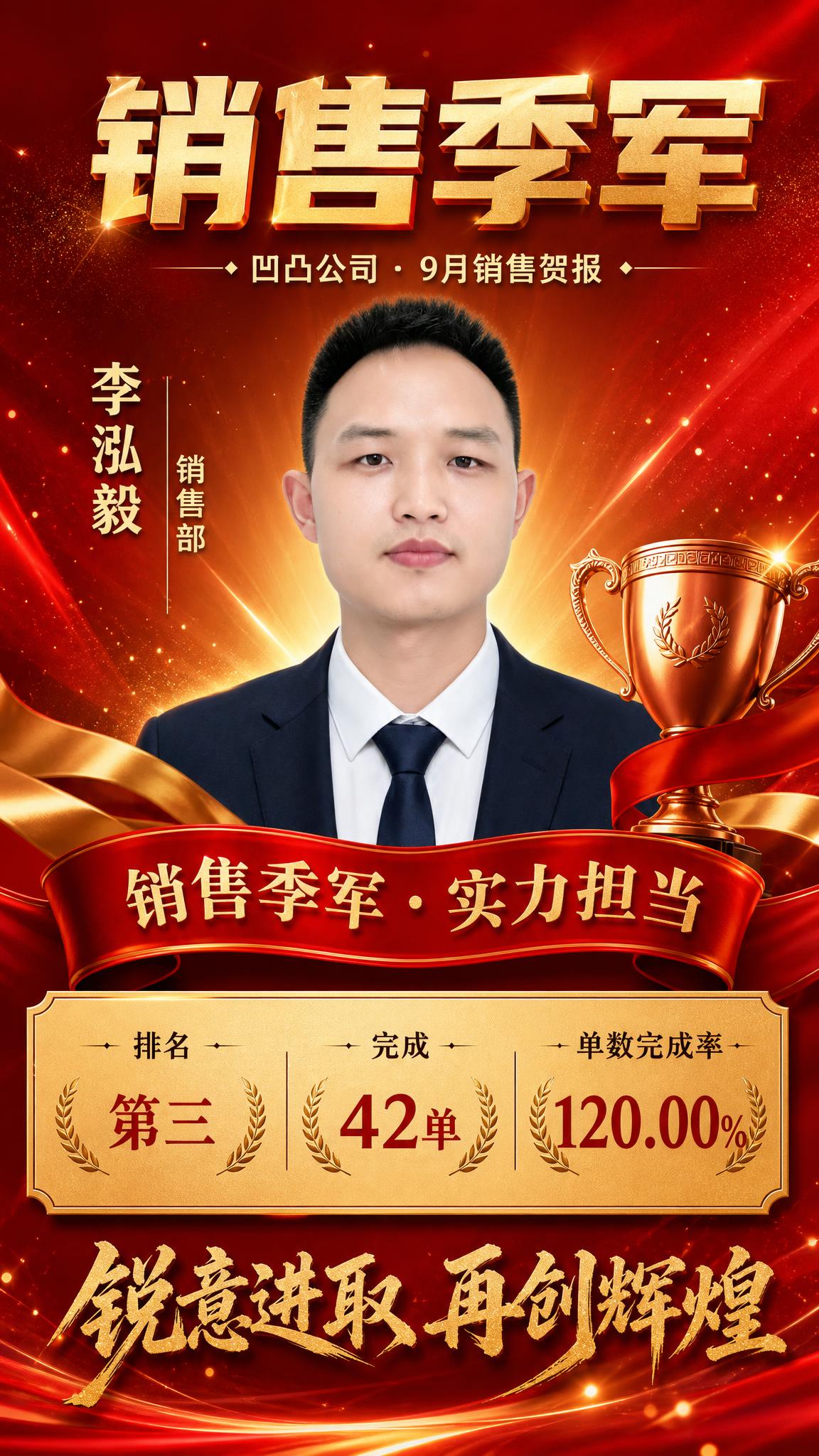 销售季军贺报海报，竖版9:16，商务大气喜庆风格，红金配色，与… - 图片创意预览