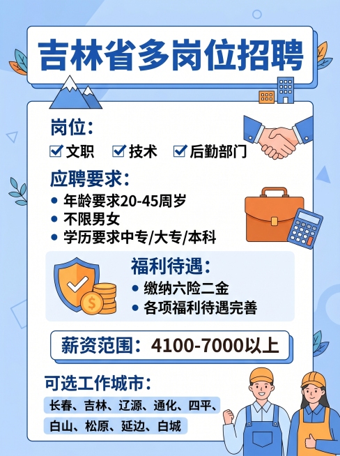 清晰简约的吉林招聘海报，竖版3:4，适合快手分享，文字内容：吉林省多岗位招聘，岗位：文职、技术、后勤部门，年龄要求20-45周岁，不限男女，学历要求中专/大专/本科，缴纳六险二金，薪资范围4100-7预览效果