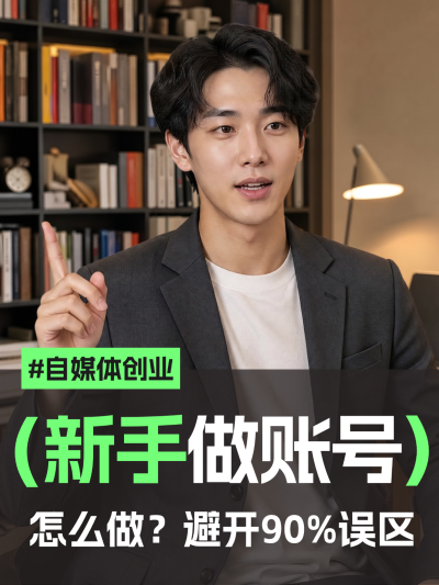 自媒体创业新手做账号避坑指南商务风海报。画面主体为穿西装的男士在书架前讲解，主文案显示新媒体创业和新手做账号内容，绿色醒目大字强调避开90%误区。