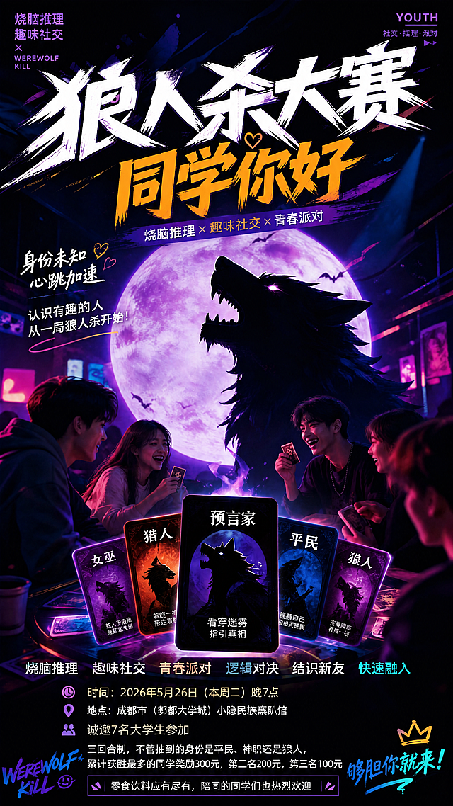 在原图基础上修改文案，保留整体炫酷潮流风格、构图和色彩风格不变。保留原图的紫黑赛博朋克色调、狼人剪影、月亮、年轻人围坐玩牌的场景、身份卡牌等所有视觉元素不变，只替换文字内容。

替换后的文字内容如下：
- 主标题（最大最醒目）："狼人杀大赛"
- 副标题（主标题下方，橙黄色）："同学你好"
- 活动信息区：
  时间：2026年5月26日（本周二）晚7点
  地点：成都市（郫都大学城）小隐民族轰趴馆
- 招募信息：诚邀7名大学生参加
- 奖励机制：三回合制，不管抽到的身份是平民、神职还是狼人，累计获胜最多的同学奖励300元，第二名200元，第三名100元
- 底部小字：零食饮料应有尽有，陪同的同学们也热烈欢迎

画面中所有数字必须精确渲染，不得错位、遗漏或编造。画面中所有信息区域必须填充完整合理的内容，不得出现空白框、空白占位、横线待填写区域。版式精美，文字清晰可读。
