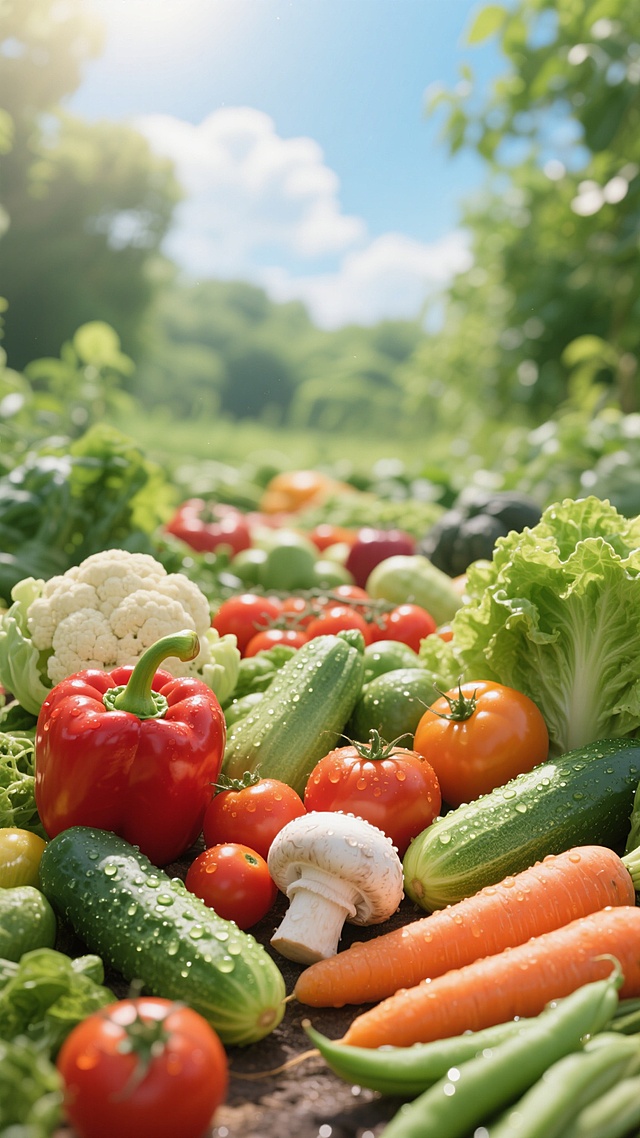 超写实风格的果蔬自然场景，阳光明媚的户外环境，前景中铺满新鲜饱满的各色蔬菜：鲜红的甜椒、圆润的樱桃番茄、橙色的胡萝卜、绿色的黄瓜和西葫芦、白色的蘑菇与花椰菜，还有翠绿的生菜和豆角，所有蔬果带着晶莹的露珠，细节清晰可见，表面纹理质感真实。背景是虚化的绿色植物和蓝天白云，整体色调鲜亮明快，充满生机与活力，光线从上方照射下来，形成柔和的阴影，营造出清新自然、健康有机的氛围，构图饱满，层次分明，色彩丰富和谐，展现出果蔬的新鲜与自然之美。