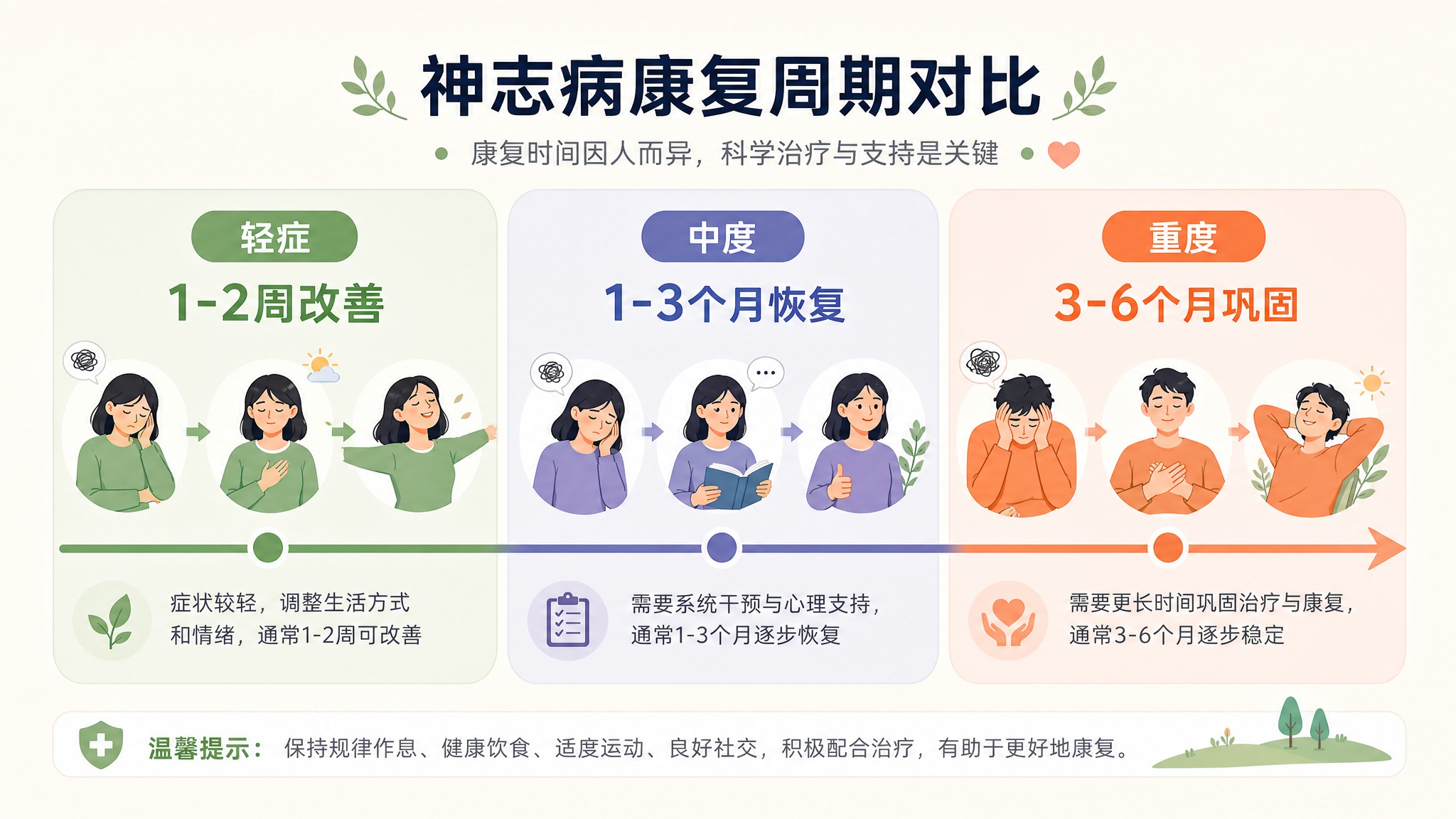 扁平信息图表插画，神志病康复周期对比图。画面横向分三栏布局：第… - 图片创意预览