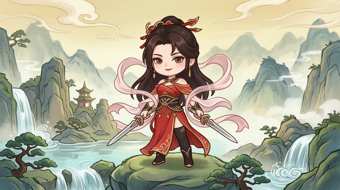 将图1的古风红衣女剑客改成图2的q版风格，保留红色系配色和双剑元素，更换背景为武侠风山水背景预览效果