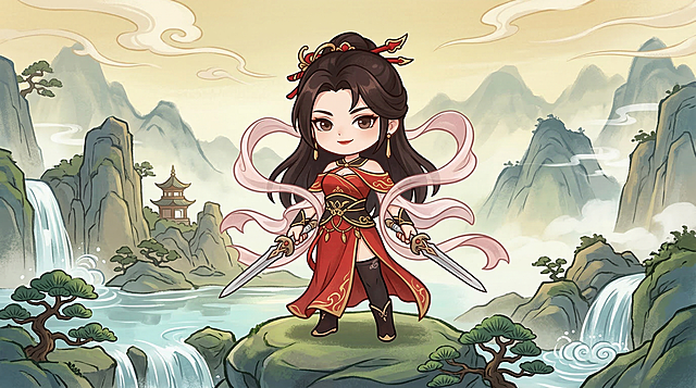 将图1的古风红衣女剑客改成图2的q版风格，保留红色系配色和双剑元素，更换背景为武侠风山水背景