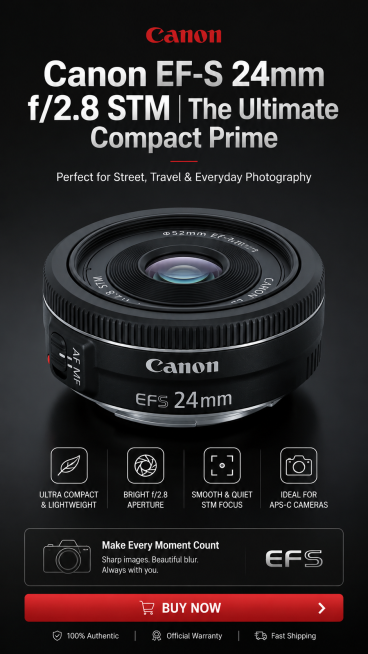 Vertical 9:16 AliExpress product detail page opening screen, Canon EF-S 24mm f/2.8 STM Pancake Lens,预览效果