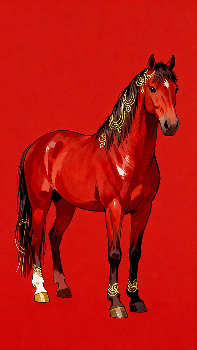 红底金饰的骏马，融合中式古典与鎏金风韵，厚涂技法呈现油画质感，插画风格尽显奢华与重拟物细节。