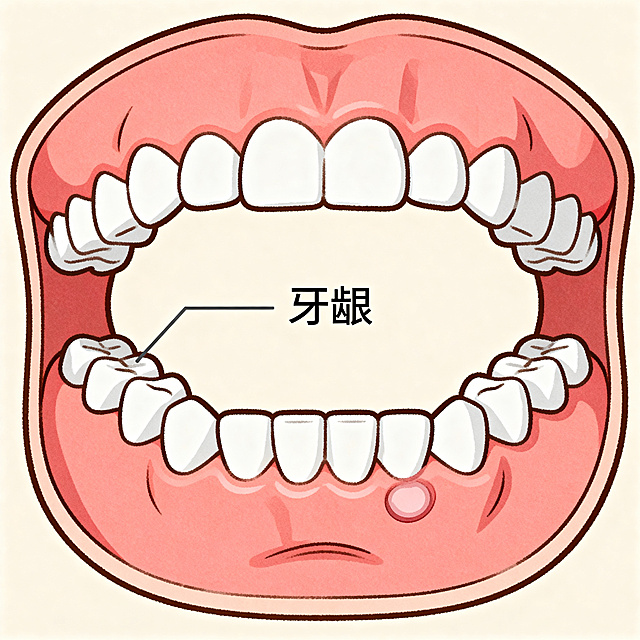 卡通医学插画风格，展示健康的无牙上下颌口腔外部轮廓示意图，干净整洁的浅色调背景，清晰标注牙龈部位，医疗科普用途，柔和色彩