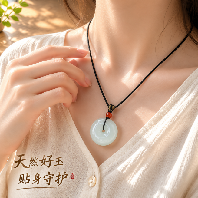 [主图-4]青白玉平安扣模特佩戴展示主图。[氛围风格]自然佩戴氛围感，展示佩戴效果与尺寸比例。[画质]商业珠宝摄影质感，光线柔和通透，产品清晰真实，画面干净高级，精细化处理。[元素]女生纤细手模自然手预览效果