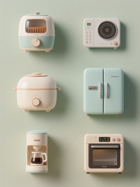纯色背景下的软3D风格厨房家电系列海报，整体变换为统一的新色调，保持原有的圆润造型、光滑材质和简洁设计语言。画面以规整的网格布局排列六个完全不同的厨房电器元素：左上角为带有透明视窗和旋钮的空气炸锅，右上角是配备控制面板和加热区域的电磁炉，中间左侧为带有开盖按钮和刻度的电饭煲，中间右侧是双开门设计的冰箱，左下角为带有萃取手柄的咖啡机，右下角是具有玻璃门和控制面板的烤箱。每个电器都保留软3D的立体……预览效果