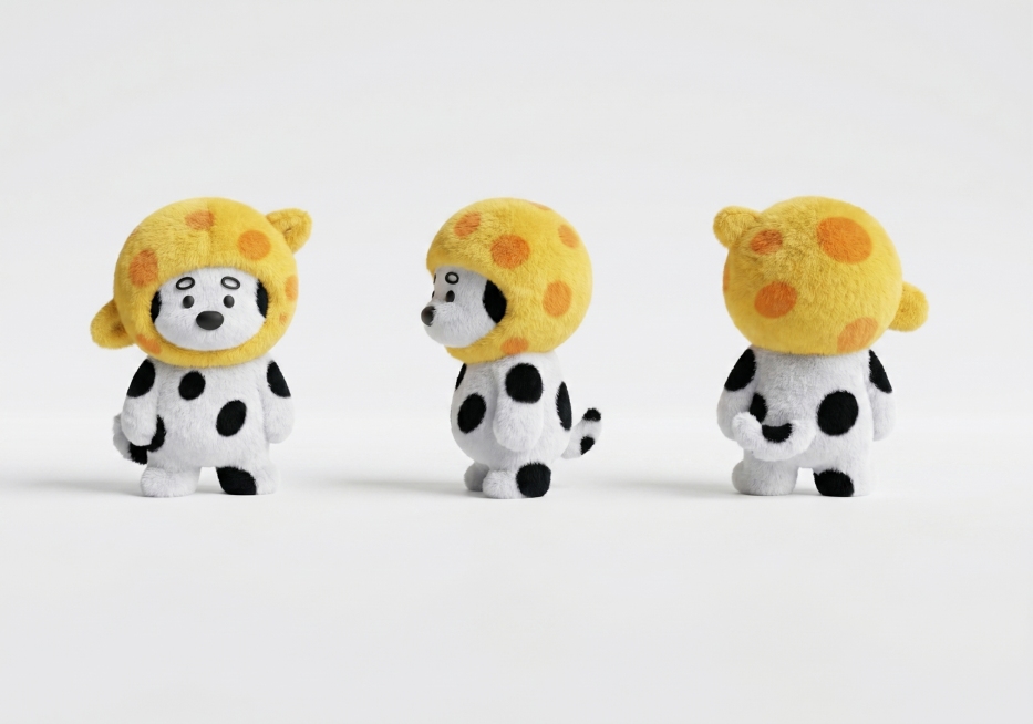 根据参考图生成3D效果的斑点狗角色，材质为毛绒质感，保留原图中正面、侧面、背面三个角度的构图，人物眉毛保持原图黑色镂空扁圆圈效果，不要填充眉毛，保持镂空预览效果