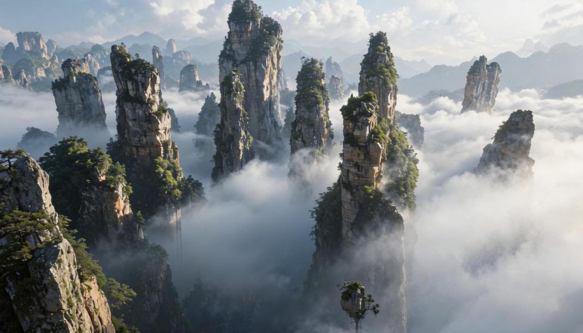 以提供的两张张家界喀斯特地貌云雾风景图为参考，生成不同角度的风景分镜头，去掉图中的所有人物、动物、飞行器，仅保留山峰、云雾、植被等自然景观，风景真实写实，氛围梦幻缥缈预览效果