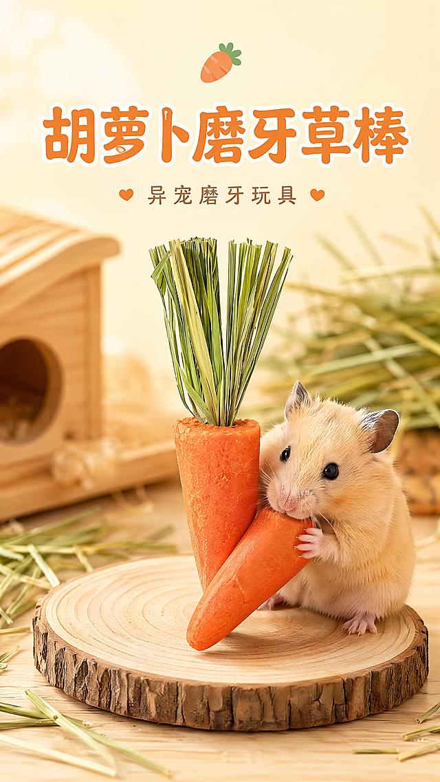 「图片1」，生成详情页，适配淘宝/天猫平台，单图比例为9:16，# 一、需求与产品信息汇总
1. **产品类型**：小宠异宠零食-胡萝卜磨牙草棒
2. **核心卖点**
    - 原料仅胡萝卜粉+提摩西草，0添加剂，天然安全
    - 约7cm尺寸，小巧易抓握，适配各类小型异宠
    - 软硬适中耐啃，磨牙+解闷二合一，可伴粮喂食
    - 全品类适用：仓鼠、花枝鼠、刺猬、鹦鹉、蜜袋鼯、乌龟、兔子、荷兰猪、龙猫
    - 独立密封/真空双包装随机发货，锁鲜18个月保质期
3. **设计风格**：清新治愈暖系实景风，低饱和黄绿暖橙配色，全实景宠物实拍，拒绝卡通/国风插画，原木、干草、木屋作为统一布景
4. **既定10屏固定主副标题（不修改原文案）**
|屏幕序号|主标题|副标题|
| ---- | ---- | ---- |
|1|胡萝卜磨牙草棒|异宠磨牙玩具|
|2|门牙过长隐患多|定期磨牙刚需|
|3|零添加天然配方|草+胡萝卜双原料|
|4|7cm小巧易抓握|全体型适配抱啃|
|5|硬度适中耐啃咬|温和打磨不伤牙|
|6|一棒多用|磨牙解闷伴粮|
|7|全品类异宠通用|多小宠均可食用|
|8|双包装随机发货|独立密封锁鲜|
|9|一站式售后仓储|养宠省心无忧|
|10|产品参数|规格明细|

---

# 二、参考图风格分析
参考图统一视觉特征：
1. 色调：暖黄浅米色基底，搭配胡萝卜橙、提摩西草浅绿，柔和自然光，柔光漫射无硬阴影
2. 布景：原木切片、木质宠物小屋、提摩西干草、浅色木屑垫料，田园治愈实景
3. 构图：产品居中为主，宠物互动实拍，侧边标尺/原料引线标注卖点，圆角简约图标辅助文字
4. 画质：8K实景实拍，食品纹理清晰柔和，画面干净无杂乱杂物，移动端竖版电商详情尺寸
5. 文字排版：圆润可爱粗体主标题，纤细浅色系副标题，文字放置画面上方留白区域，不遮挡产品主体

---

# 三、10屏完整分屏文生图提示词（严格遵循5模块模板）
## 第一屏
主文案：胡萝卜磨牙草棒
副文案：异宠磨牙玩具
文案设计与排版：主文案画面上方居中放大，圆润粗橙字体；副文案置于主文案下方，浅棕色纤细小字，两侧搭配爱心小装饰，顶部点缀迷你胡萝卜简笔标识
画面主体与构图：竖版电商详情构图，画面中心原木圆片摆放胡萝卜磨牙棒，浅黄金丝仓鼠趴在木片右侧双手抱啃，背景虚化木质宠物小屋与散落提摩西干草，整体对称居中构图，画面上方预留文字留白区域
画质与细节：8K高清实景实拍，产品草叶纹理、胡萝卜粉颗粒质感清晰，柔和午后暖光，色彩温润低饱和，无噪点，景深虚化背景突出主体

## 第二屏
主文案：门牙过长隐患多
副文案：定期磨牙刚需
文案设计与排版：主文案画面上方居中粗绿色字体；副文案下方浅灰细字体，左右分栏上方各配小型牙齿圆角图标
画面主体与构图：左右对半分栏实景对比，左栏：仓鼠门牙过长无法啃食食物；右栏：仓鼠使用磨牙棒后牙齿平整健康，统一浅米色纯色背景，上下预留文字位置
画质与细节：8K宠物实景实拍，毛发细节清晰，光线均匀柔和，左右画面色调统一，干净无多余杂物，对比视觉直观

## 第三屏
主文案：零添加天然配方
副文案：草+胡萝卜双原料
文案设计与排版：主文案画面顶部居中粗深绿字体；副文案浅绿细字体，两根引线分别标注左右原料，引线末端配圆形文字框
画面主体与构图：户外嫩草坪实景，画面正中间竖立胡萝卜磨牙棒，左侧摆放鲜切胡萝卜片，右侧平铺晒干提摩西草，两条引线分别连接原料与对应文字框，上下留白放标题
画质与细节：8K自然光户外实拍，草叶新鲜纹理通透，胡萝卜果肉质感细腻，柔和漫射阳光，整体清新浅绿调

## 第四屏
主文案：7cm小巧易抓握
副文案：全体型适配抱啃
文案设计与排版：主文案顶部居中粗橙字体；副文案浅棕小字，画面右侧垂直放置黄色标尺图标标注约7cm，标尺旁圆角文字框标注尺寸
画面主体与构图：中心金丝仓鼠双手环抱磨牙棒啃食特写，底部铺满浅色木屑垫料，右侧竖置标尺与产品等高，背景轻微虚化干草，文字集中画面上方不遮挡宠物
画质与细节：8K近景宠物实拍，仓鼠爪子毛发清晰，磨牙棒表面颗粒纹理可见，暖柔光，画面干净柔和

## 第五屏
主文案：硬度适中耐啃咬
副文案：温和打磨不伤牙
文案设计与排版：主文案上方居中粗橙色字体；副文案浅棕小字，画面左下角放置小型牙齿防护圆角图标
画面主体与构图：近景特写被咬过的磨牙棒纹理，画面右侧垂耳兔侧面缓慢啃食，背景简约室内宠物笼浅木色布景，产品置于视觉中心
画质与细节：8K微距实拍，磨牙棒啃咬断面纤维清晰，兔子绒毛细腻，光影柔和不刺眼，低饱和暖色调统一

## 第六屏
主文案：一棒多用
副文案：磨牙解闷伴粮
文案设计与排版：主文案顶部居中粗绿色字体；副文案浅绿小字，画面均等三宫格，每格上方配小型场景图标，整体顶部统一标题区
画面主体与构图：三等分三宫格实景，左格：仓鼠独处啃咬解闷；中格：主人手指手持磨牙棒互动喂食；右格：磨牙棒混合主粮放置食盆，统一原木干草布景
画质与细节：8K连贯实景拍摄，三格光影色调完全统一，画面干净整洁，每个场景主体清晰突出

## 第七屏
主文案：全品类异宠通用
副文案：多小宠均可食用
文案设计与排版：主文案顶部居中粗橙字体；副文案浅棕小字，画面横向均匀排布多只宠物，每只宠物下方配极简动物小图标
画面主体与构图：横向长条实景，从左至右依次摆放仓鼠、龙猫、垂耳兔、蜜袋鼯、虎皮鹦鹉，每只小动物都抱着胡萝卜磨牙棒，统一原木底色布景，上方预留标题留白
画质与细节：8K多宠实景实拍，各类宠物毛发、羽毛细节清晰，统一暖柔光，画面均衡协调无拥挤感

## 第八屏
主文案：双包装随机发货
副文案：独立密封锁鲜
文案设计与排版：主文案顶部居中粗深绿字体；副文案浅绿小字，画面右下角增加醒目浅红警示小字：袋内小配件不可食用
画面主体与构图：画面左右平铺两款产品包装，左侧透明密封袋、右侧真空包装袋，手指轻捏袋口展示内部草棒，浅灰色纯色干净背景，上方留白放标题
画质与细节：8K静物实拍，包装袋透明质感通透，内部草棒完整清晰，光线均匀柔和，无反光杂斑

## 第九屏
主文案：一站式售后仓储
副文案：养宠省心无忧
文案设计与排版：主文案顶部居中粗橙色字体；副文案浅棕小字，画面均等三栏，每栏上方配对应圆角图标（储存罐、快递箱、客服对话框）
画面主体与构图：三等分简约白底实景，左栏：密封零食罐存放磨牙棒；中栏：快递纸箱包裹产品；右栏：手机客服聊天界面示意图，整体浅米色干净背景
画质与细节：8K简约静物实拍，色调柔和统一，画面极简干净，图标与实物结合直观易懂

## 第十屏
主文案：产品参数
副文案：规格明细
文案设计与排版：主文案画面右上方粗深绿字体；副文案在主文案下方浅灰小字，左侧放置产品实拍图，右侧规整白底表格文字，字体纤细清晰
画面主体与构图：画面左半部分竖放7cm胡萝卜磨牙棒实拍，右侧大面积规整参数表格，白底简约底色，上下无多余杂物，信息分区清晰
画质与细节：8K高清静物实拍，产品完整清晰，表格文字锐利无模糊，整体低饱和浅米色，干净专业，适配电商参数页规范「图片1」「图片1」「图片1」「图片1」「图片1」「图片1」